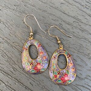 Vintage cloisonné enamel butterfly floral teardrop earrings